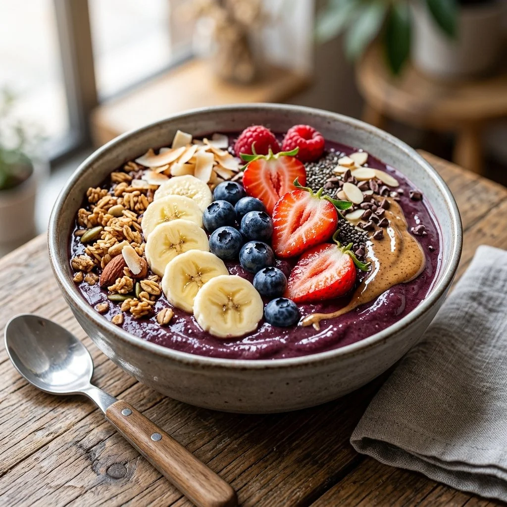 Colorful Acai Bowl topped with fruits and granola.