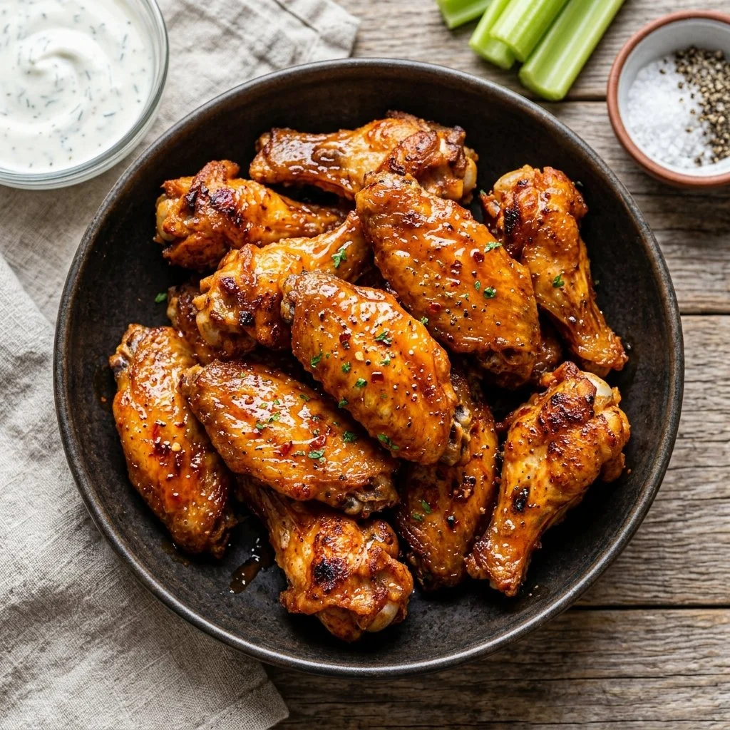 Crispy air fryer chicken wings served with dipping sauce