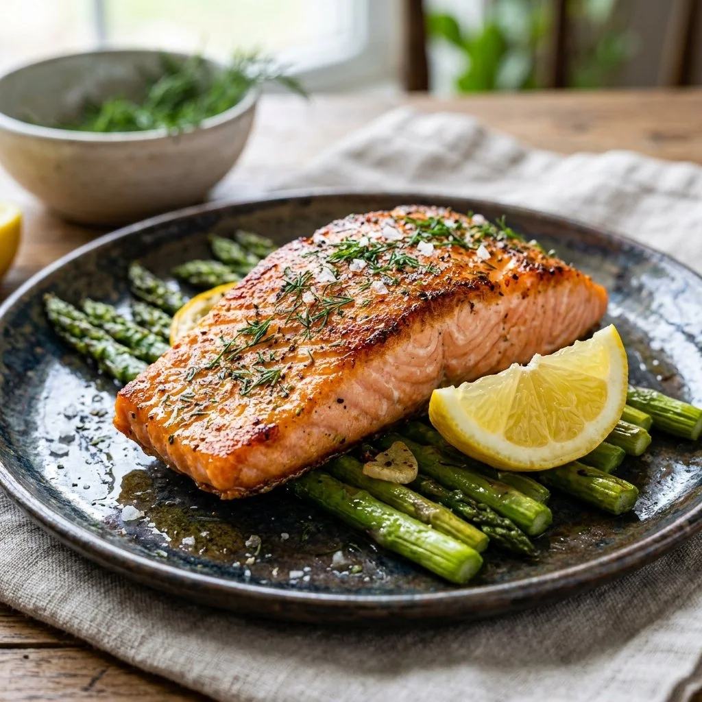 Delicious Air Fryer Salmon garnished with herbs and lemon