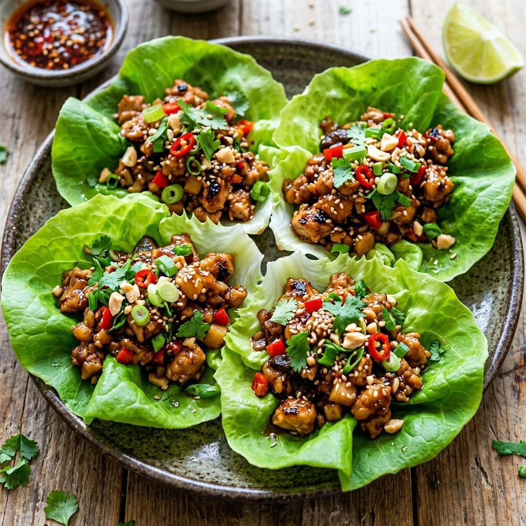 Asian chicken lettuce wraps served on a plate with fresh ingredients