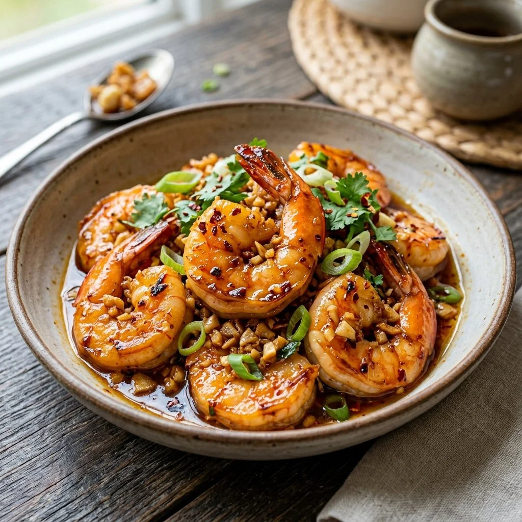 Delicious Asian Garlic Shrimp served in a bowl with garnishes.