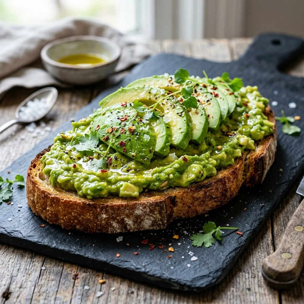 Delicious avocado toast topped with fresh ingredients on a wooden table