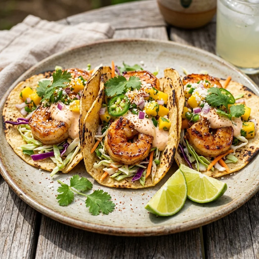 Delicious Baja shrimp tacos with fresh ingredients and zesty salsa.
