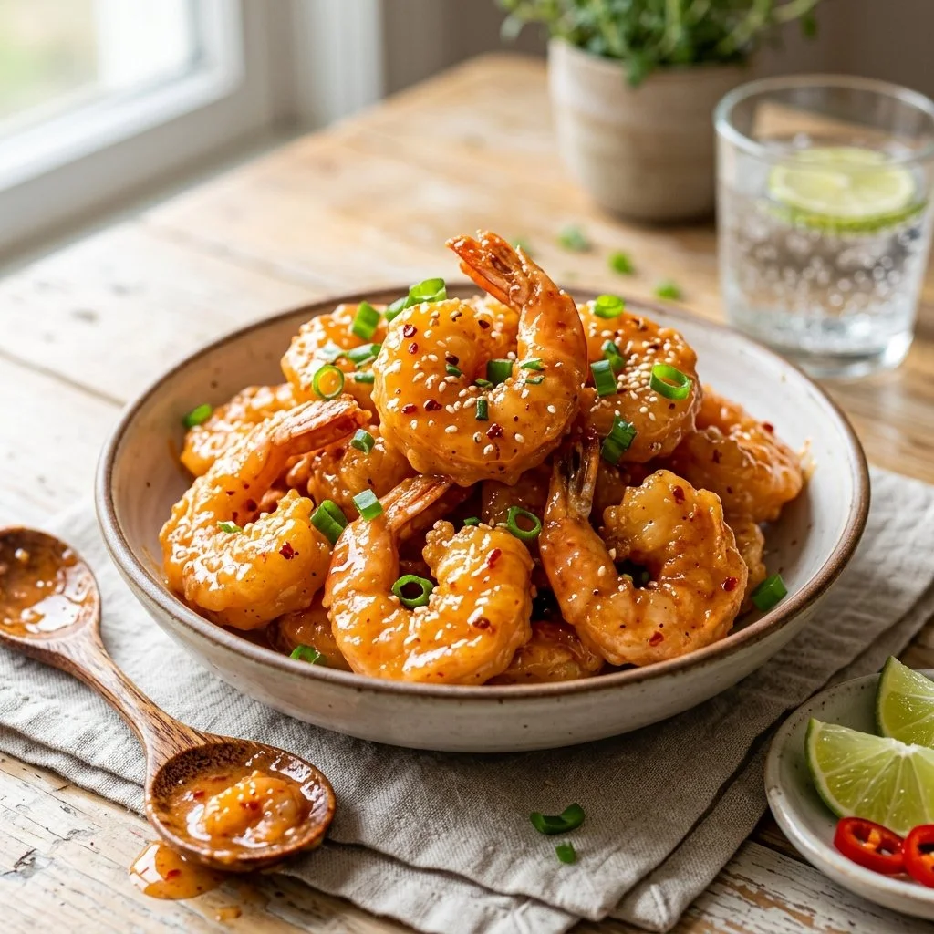Delicious Bang Bang Shrimp served in a bowl with a creamy sauce and garnished.