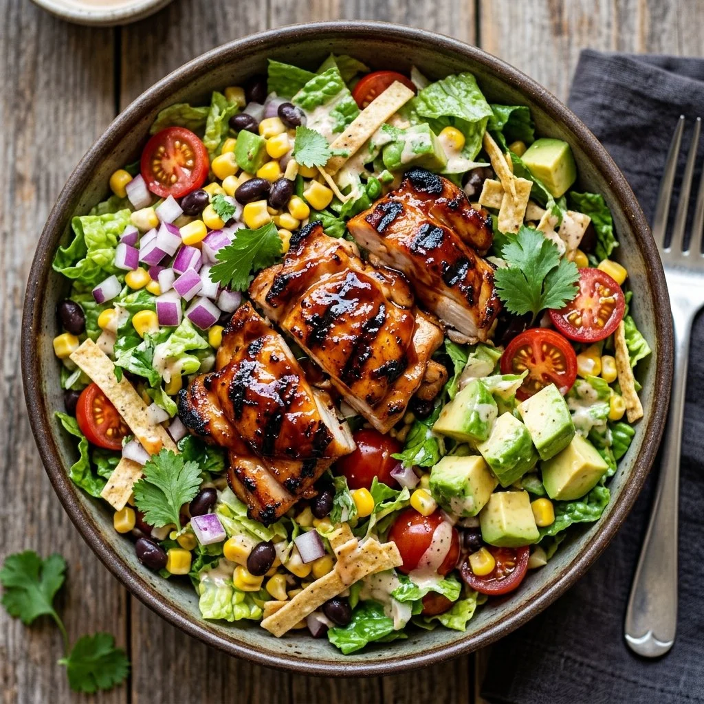 Delicious BBQ chicken salad with fresh chopped vegetables