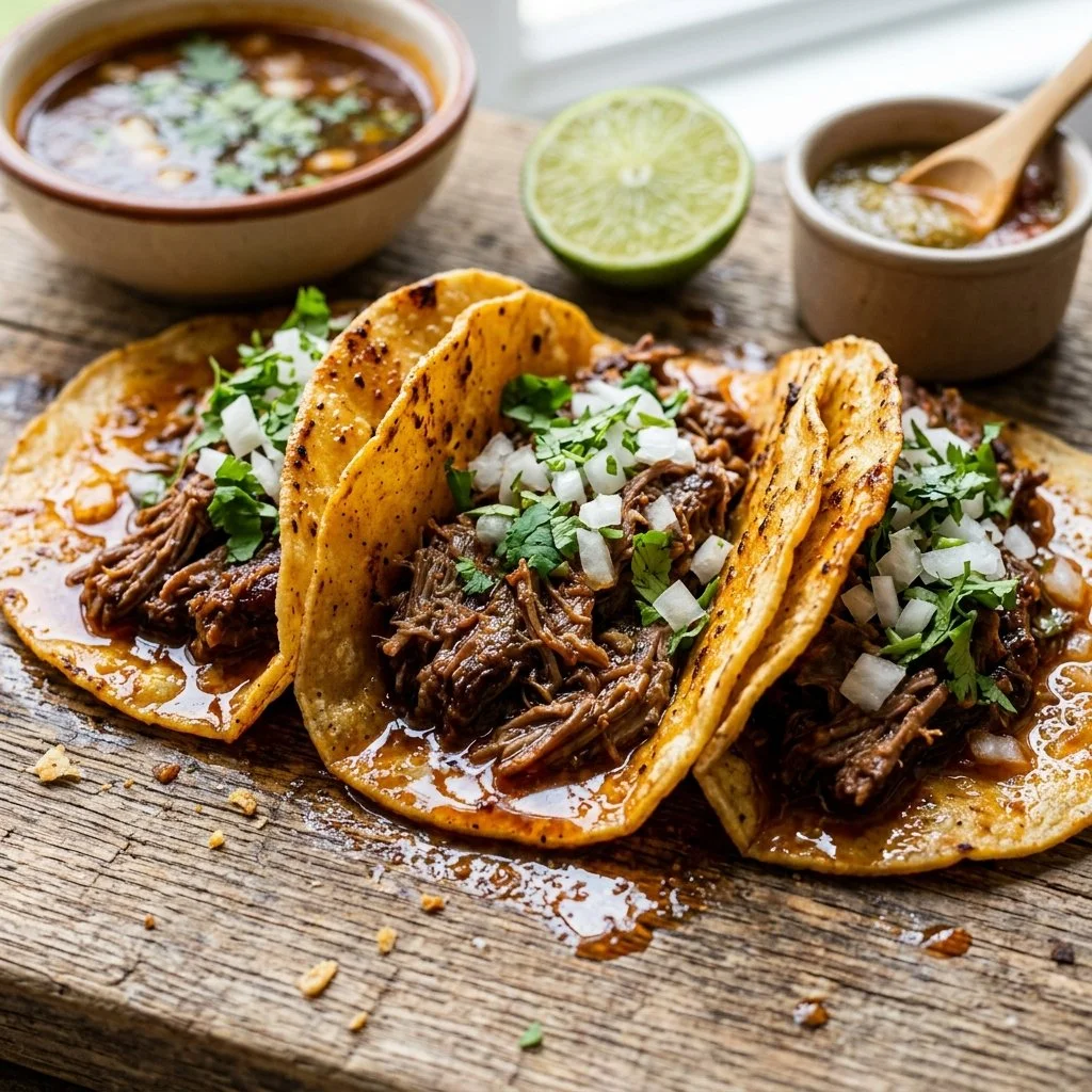 Delicious Beef Birria Tacos served with savory consomme and garnishes.