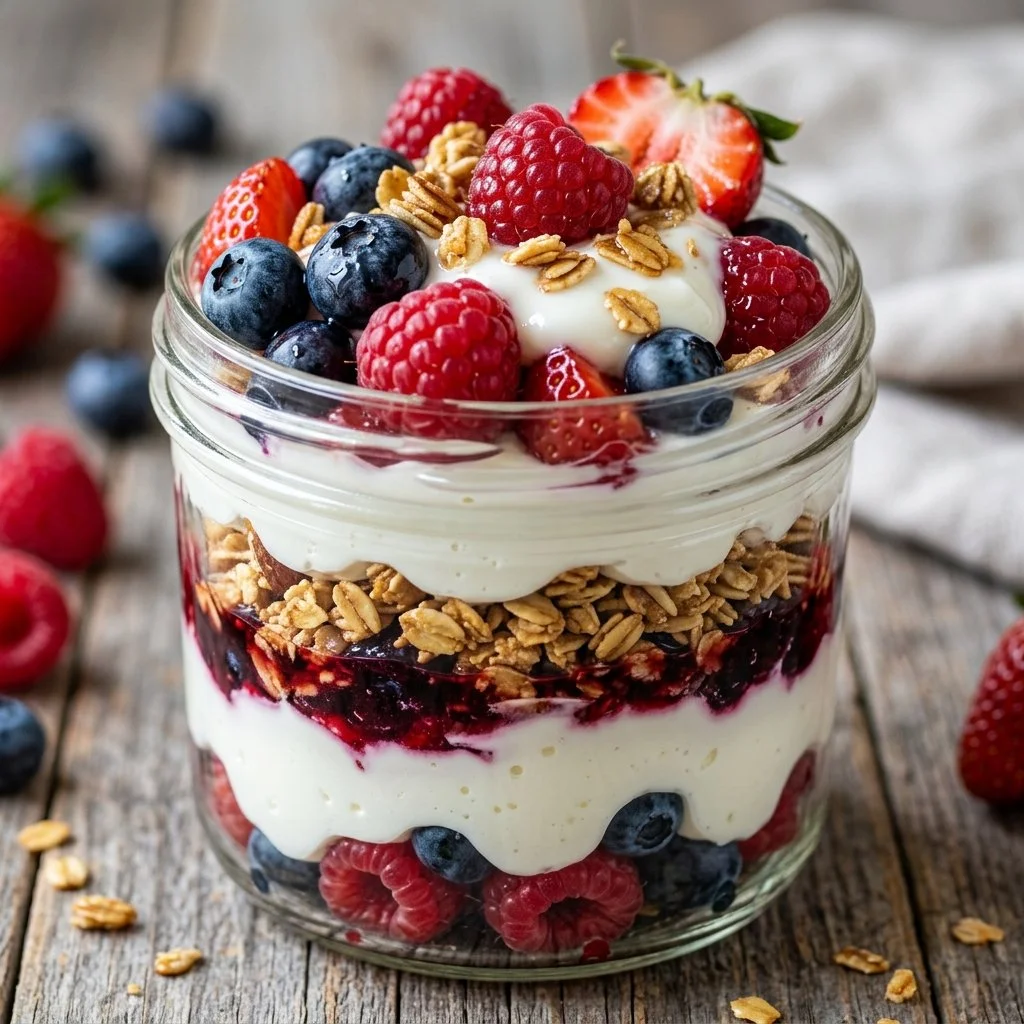 Delicious berry yogurt parfait layered with fresh berries and granola