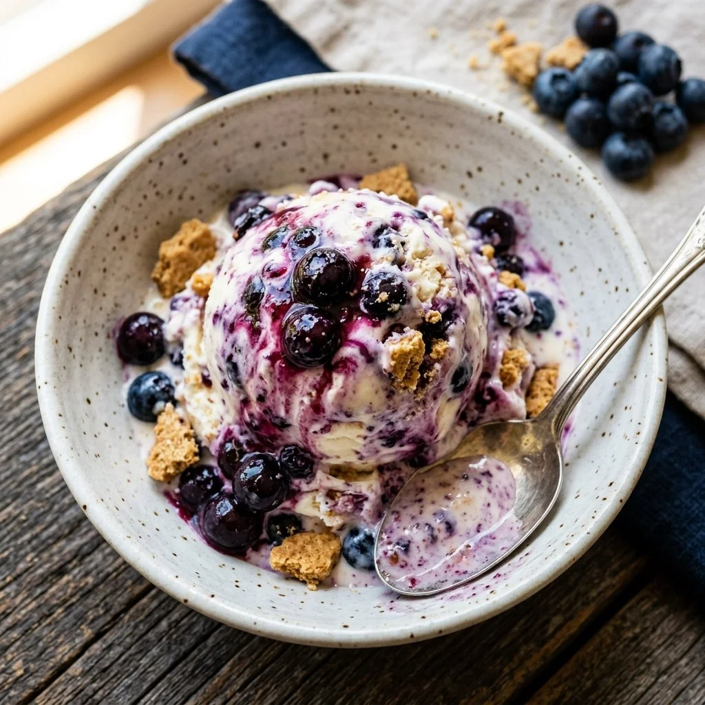 Delicious blueberry cheesecake ice cream in a bowl with fresh blueberries on top