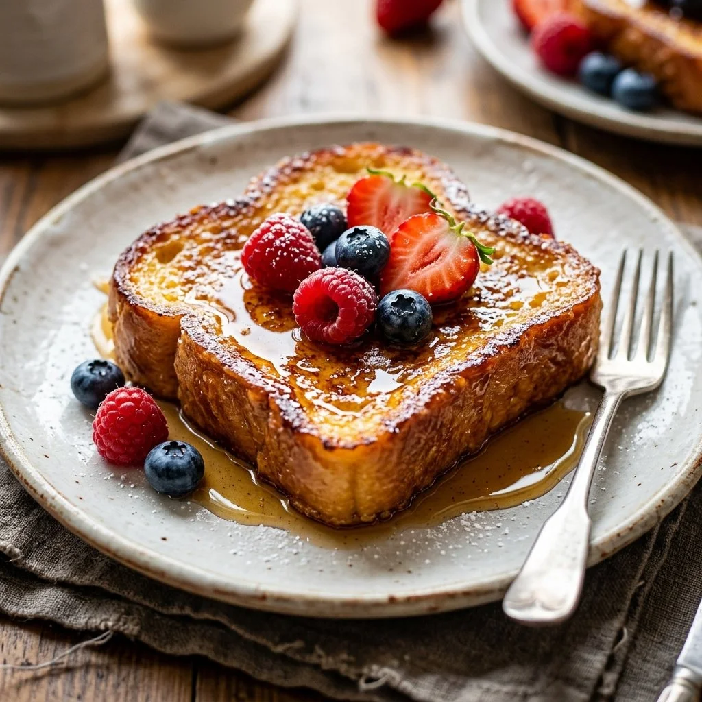 Deliciously fluffy Brioche French Toast served with fresh fruit and syrup.