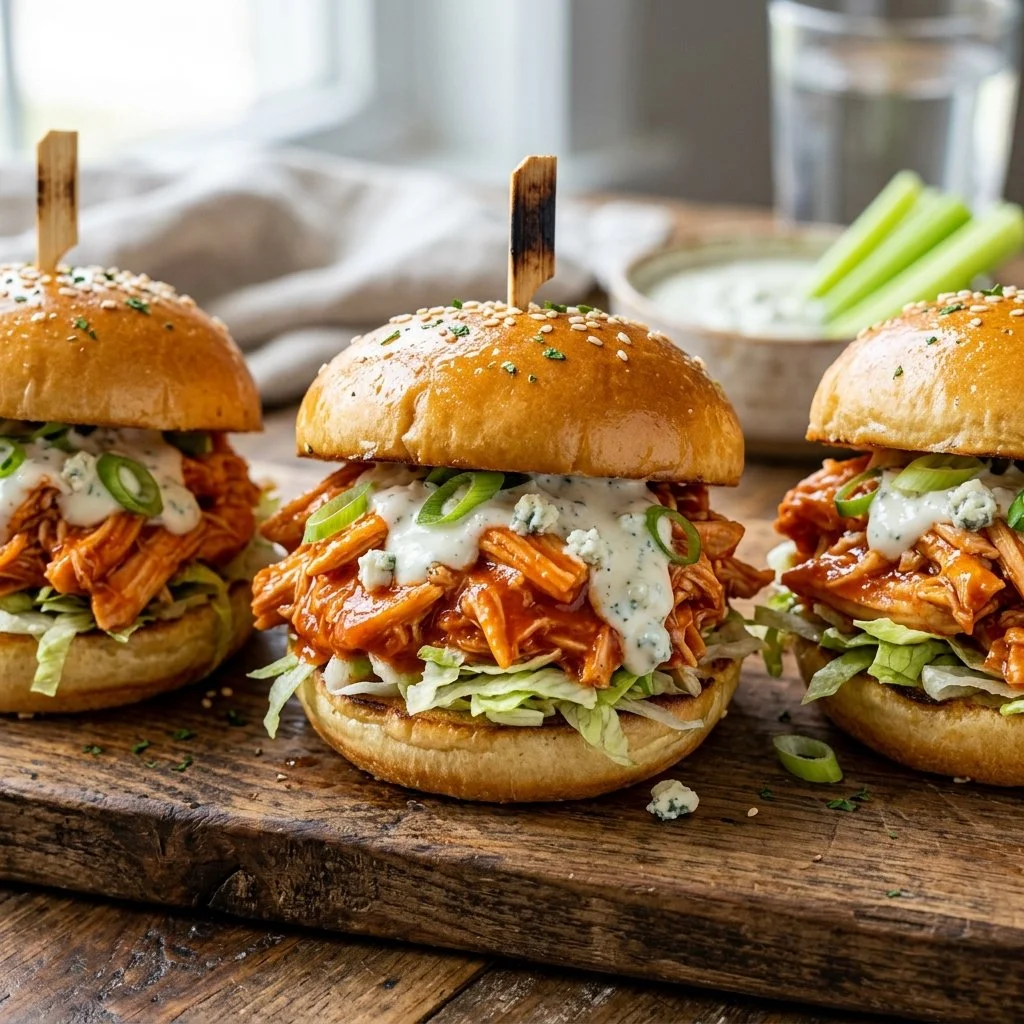 Plate of delicious Buffalo Chicken Sliders garnished with celery and blue cheese