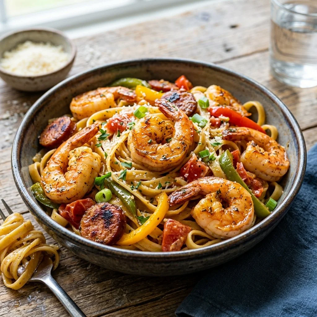 A delicious plate of Cajun Shrimp Pasta topped with herbs and spices.