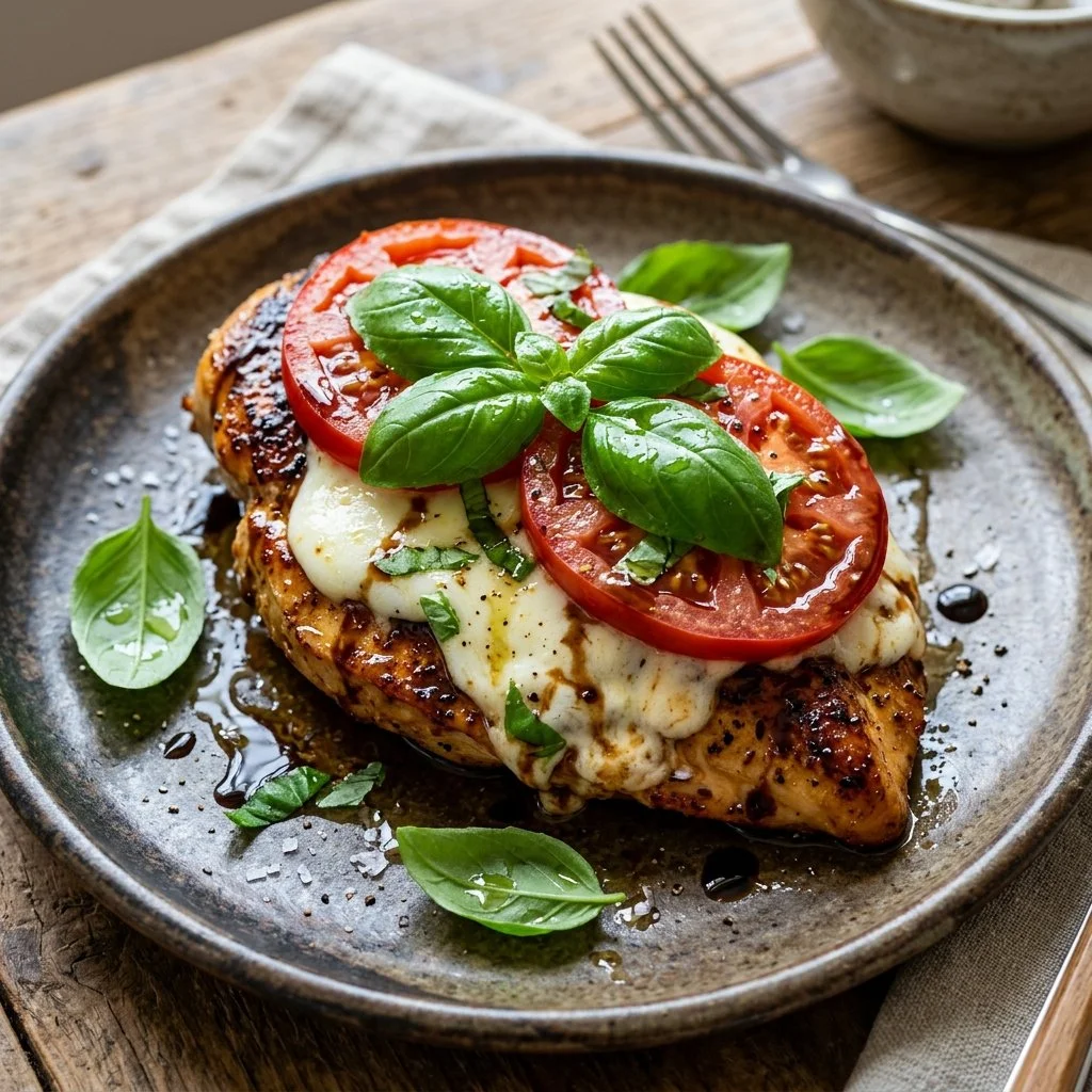 Delicious Caprese Chicken with fresh tomatoes, mozzarella, and basil on a plate