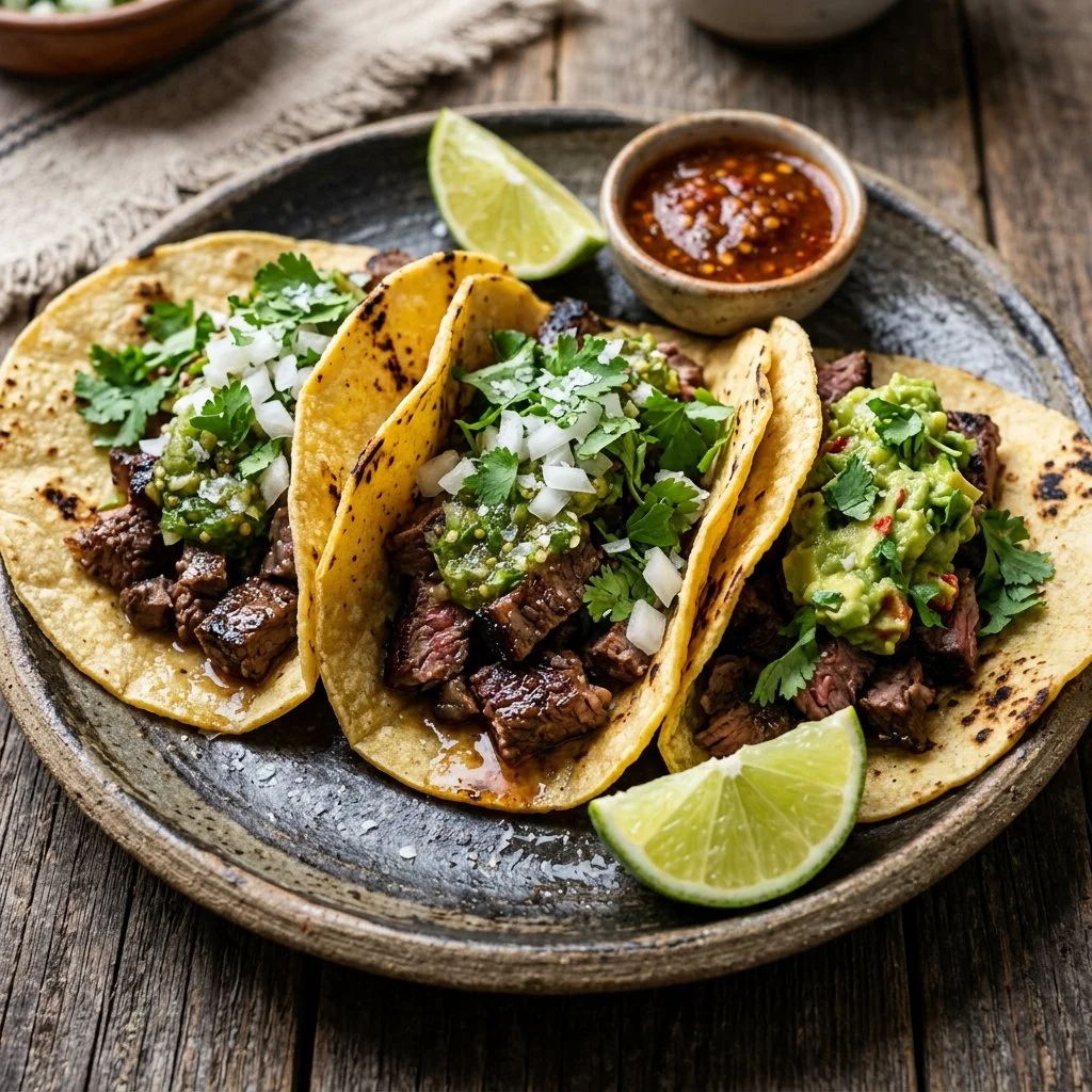 Delicious Carne Asada Tacos served with fresh toppings and salsa
