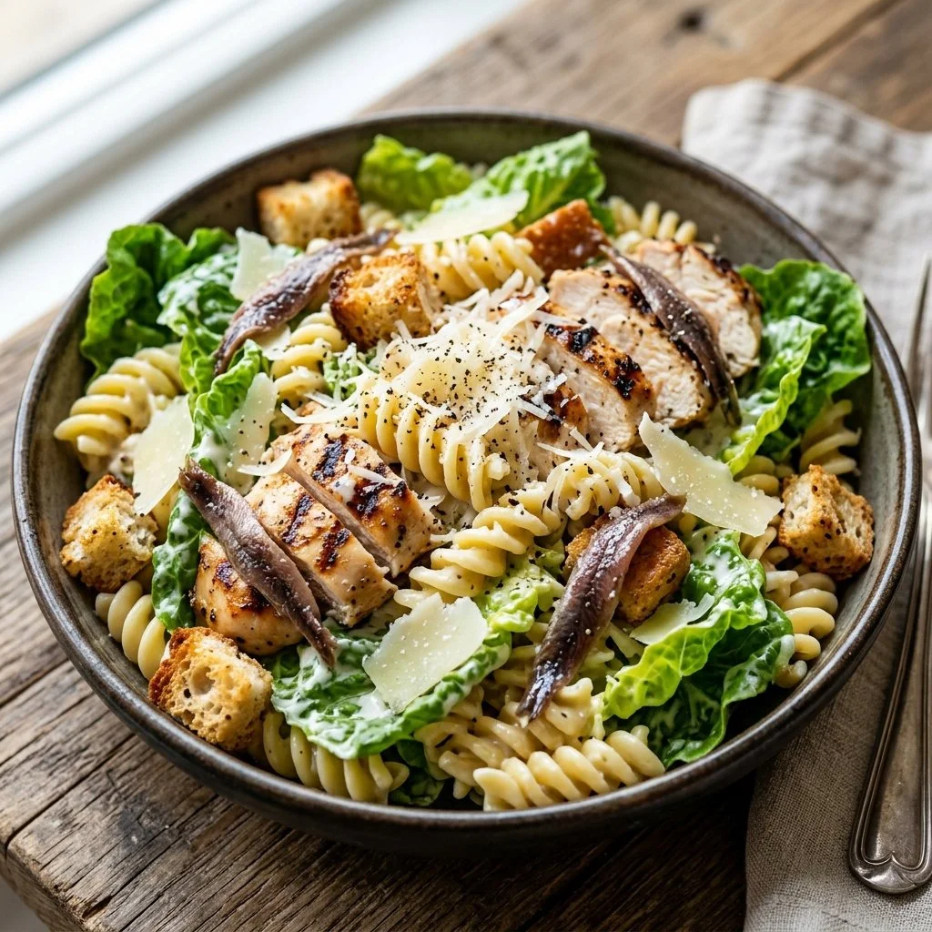 Delicious Chicken Caesar Pasta Salad with chicken, lettuce, and Caesar dressing
