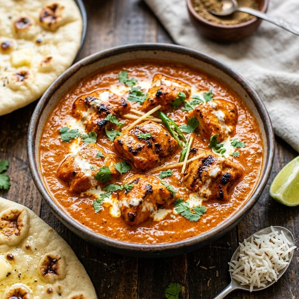 Delicious Chicken Tikka Masala garnished with coriander served with rice