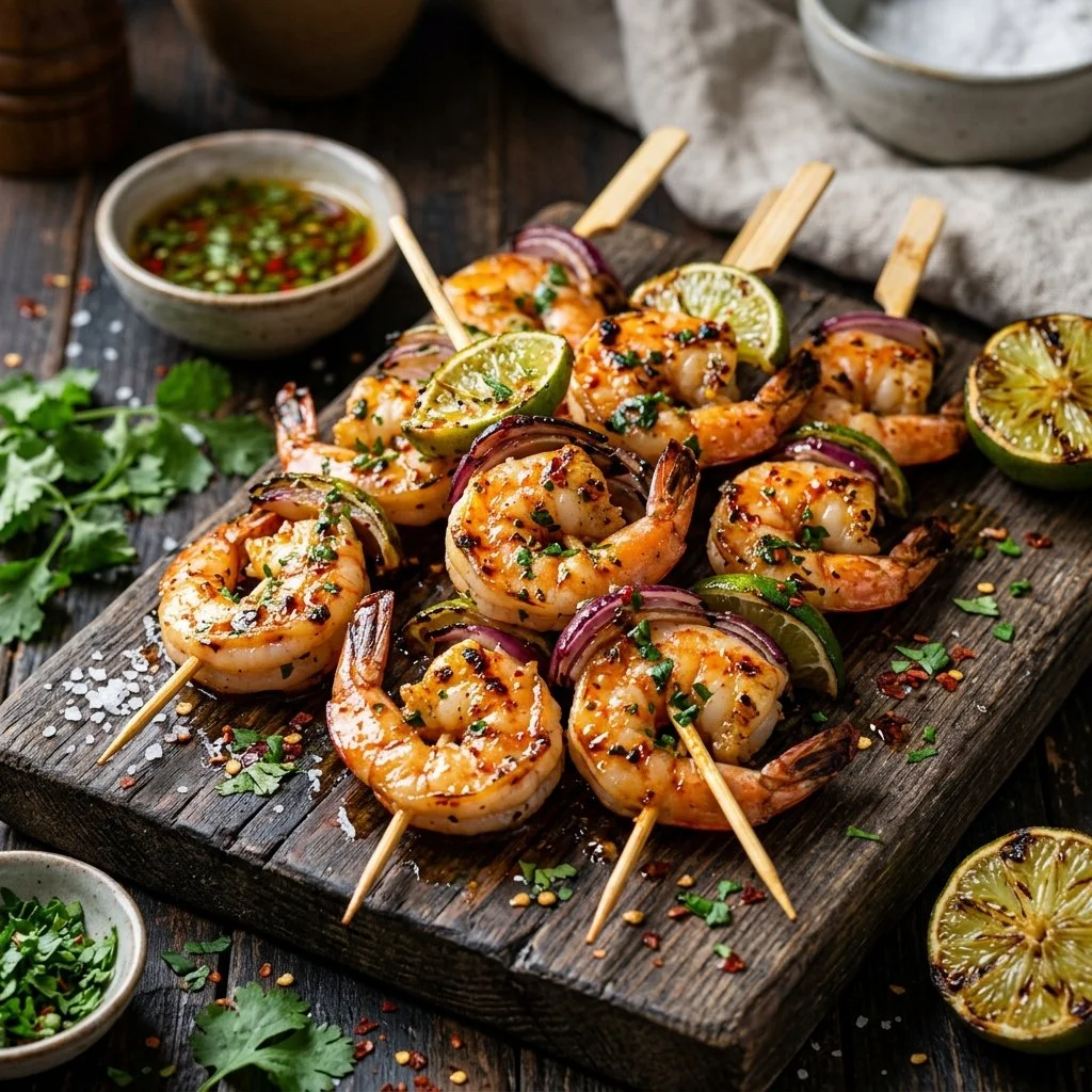 Chili lime shrimp skewers ready for grilling, garnished with lime and herbs.