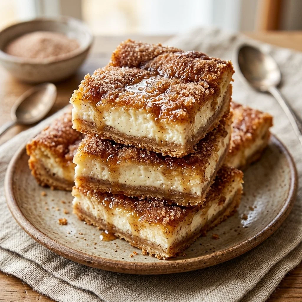 Churro cheesecake bars topped with cinnamon sugar and cream cheese frosting