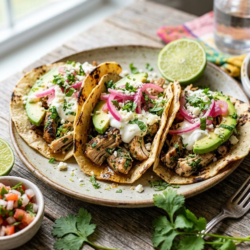 Delicious cilantro lime chicken tacos served with fresh toppings
