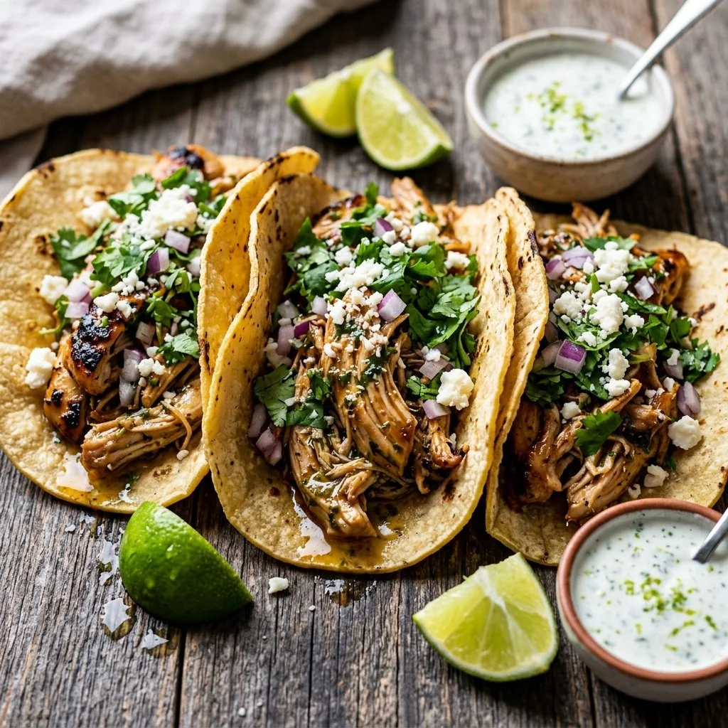 Cilantro Lime Chicken Tacos topped with fresh cilantro and lime wedges