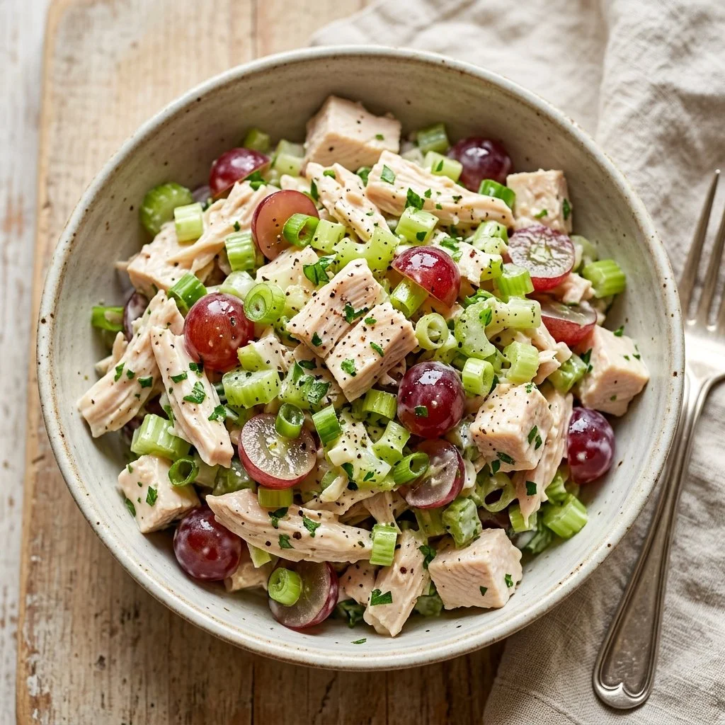 Bowl of classic chicken salad with vegetables and herbs