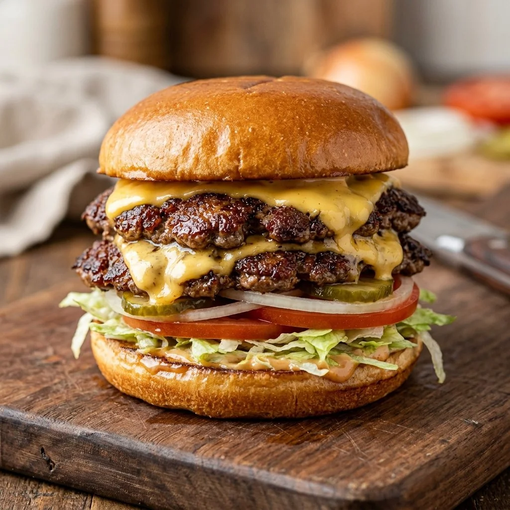 Delicious classic smash burgers on a grill with toppings and condiments