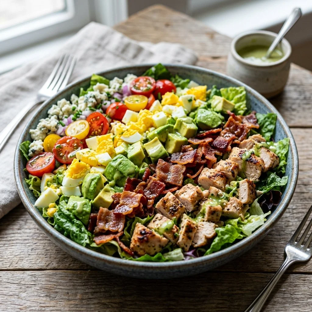 Delicious Cobb Salad featuring fresh greens, avocado, chicken, and blue cheese.