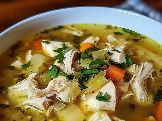 Bowl of comforting chicken cabbage soup with herbs and vegetables