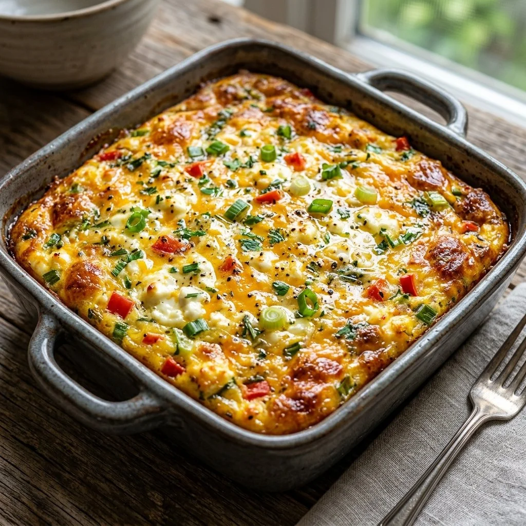 Delicious Cottage Cheese Egg Bake served in a ceramic dish