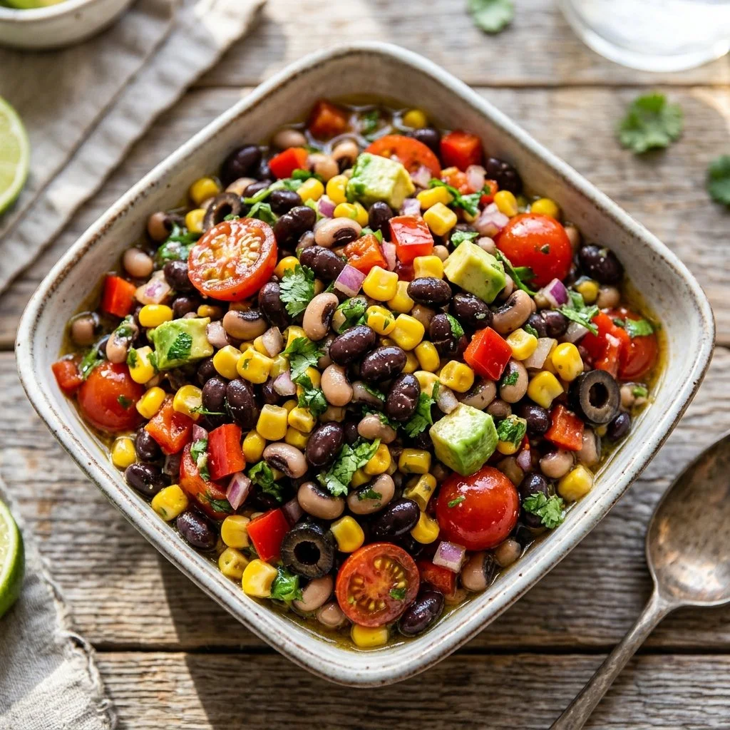 A colorful bowl of Cowboy Caviar with beans, corn, and diced vegetables.