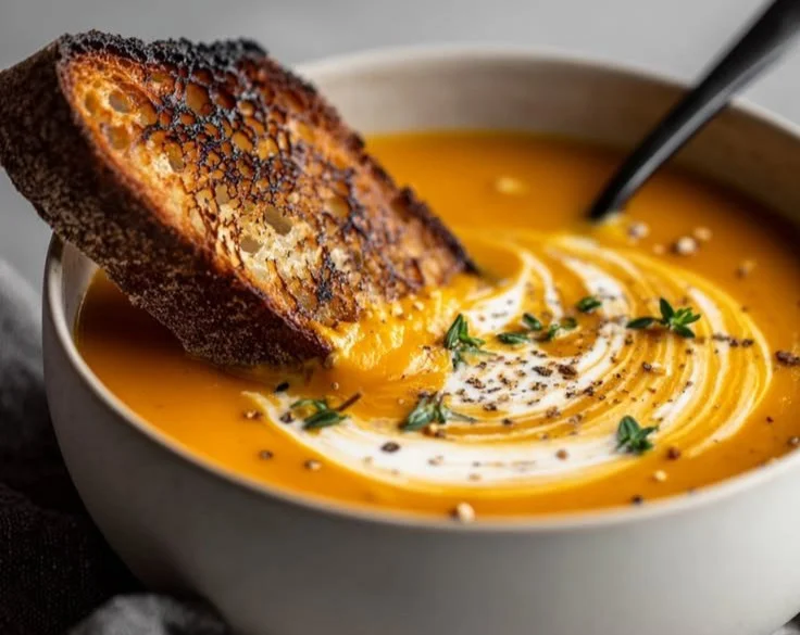 Bowl of creamy butternut squash soup topped with herbs