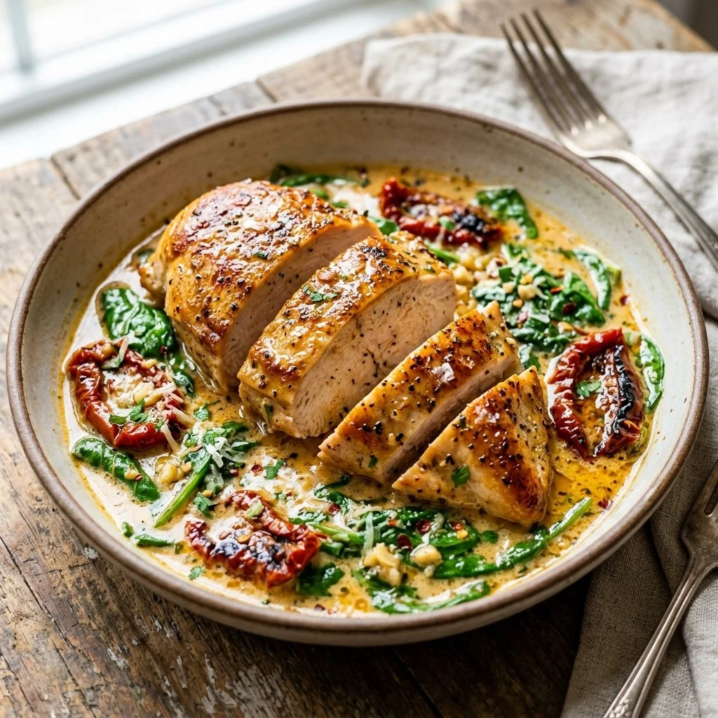 Delicious creamy Tuscan chicken served on a plate with vegetables