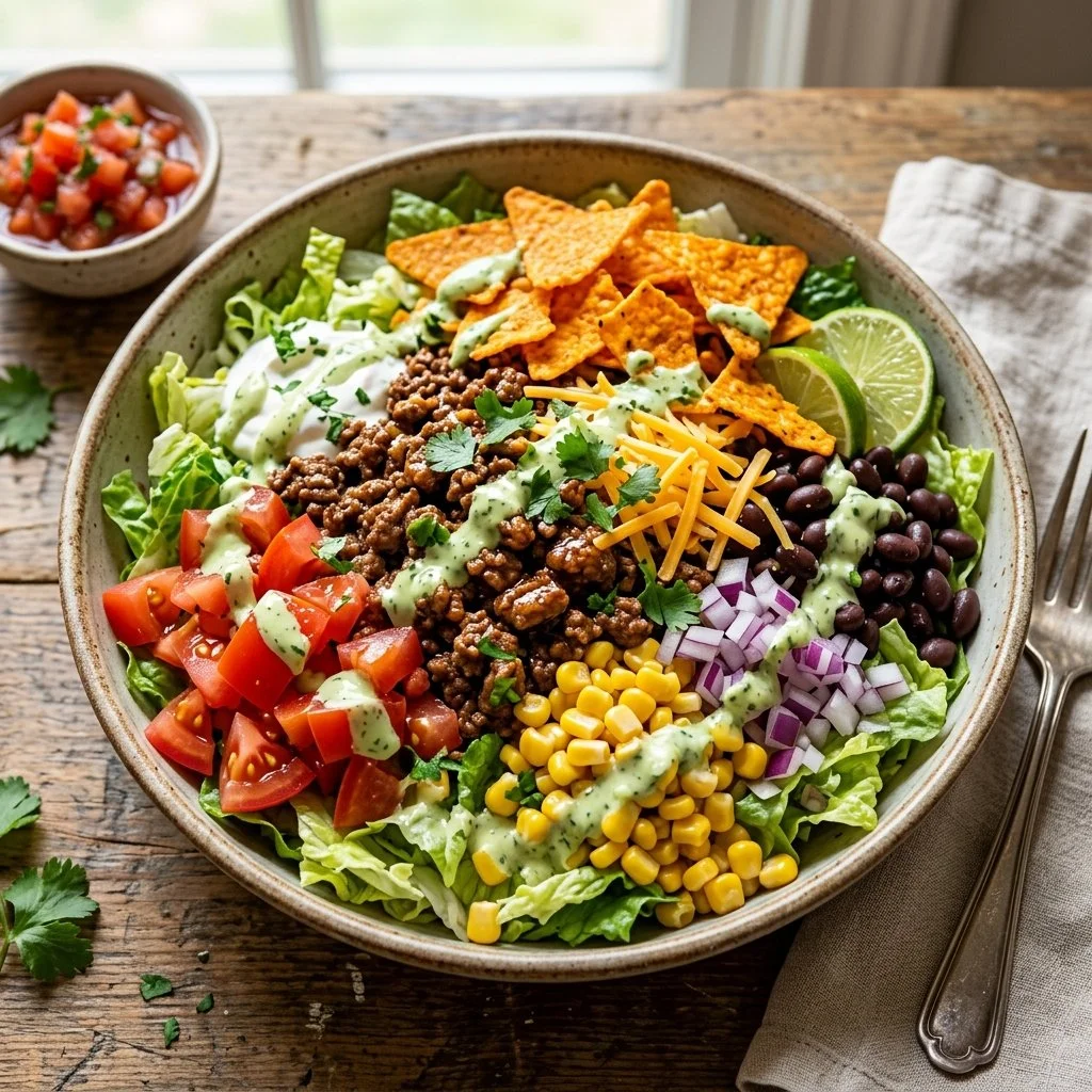 Plate of vibrant Dorito Taco Salad with crushed Doritos and fresh toppings