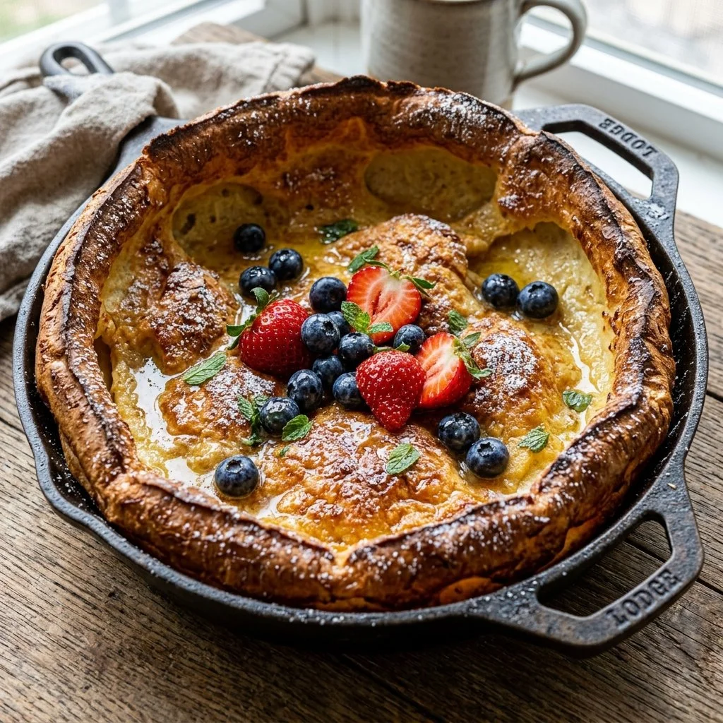 Fluffy Dutch Baby Pancake baked in a skillet, served with powdered sugar and fresh fruit