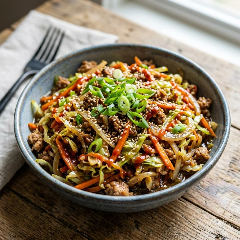 Healthy egg roll in a bowl topped with green onions and sesame seeds.