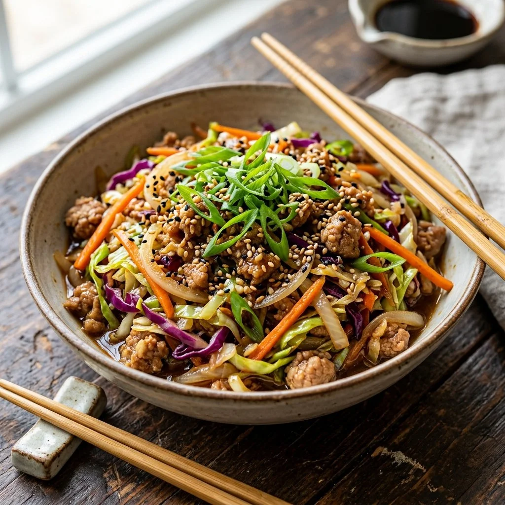 Bowl of delicious Egg Roll in a Bowl with fresh vegetables and savory sauce