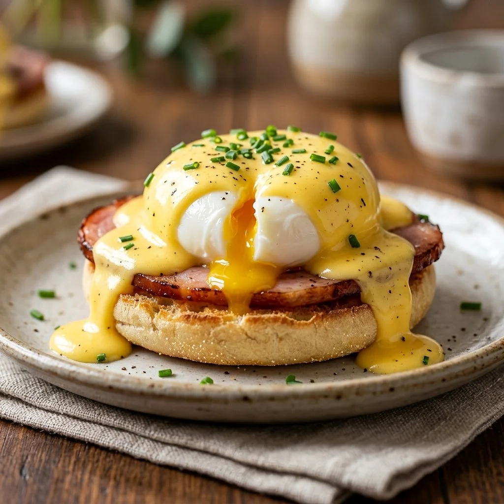 Delicious Eggs Benedict with poached eggs, English muffins, and hollandaise sauce.