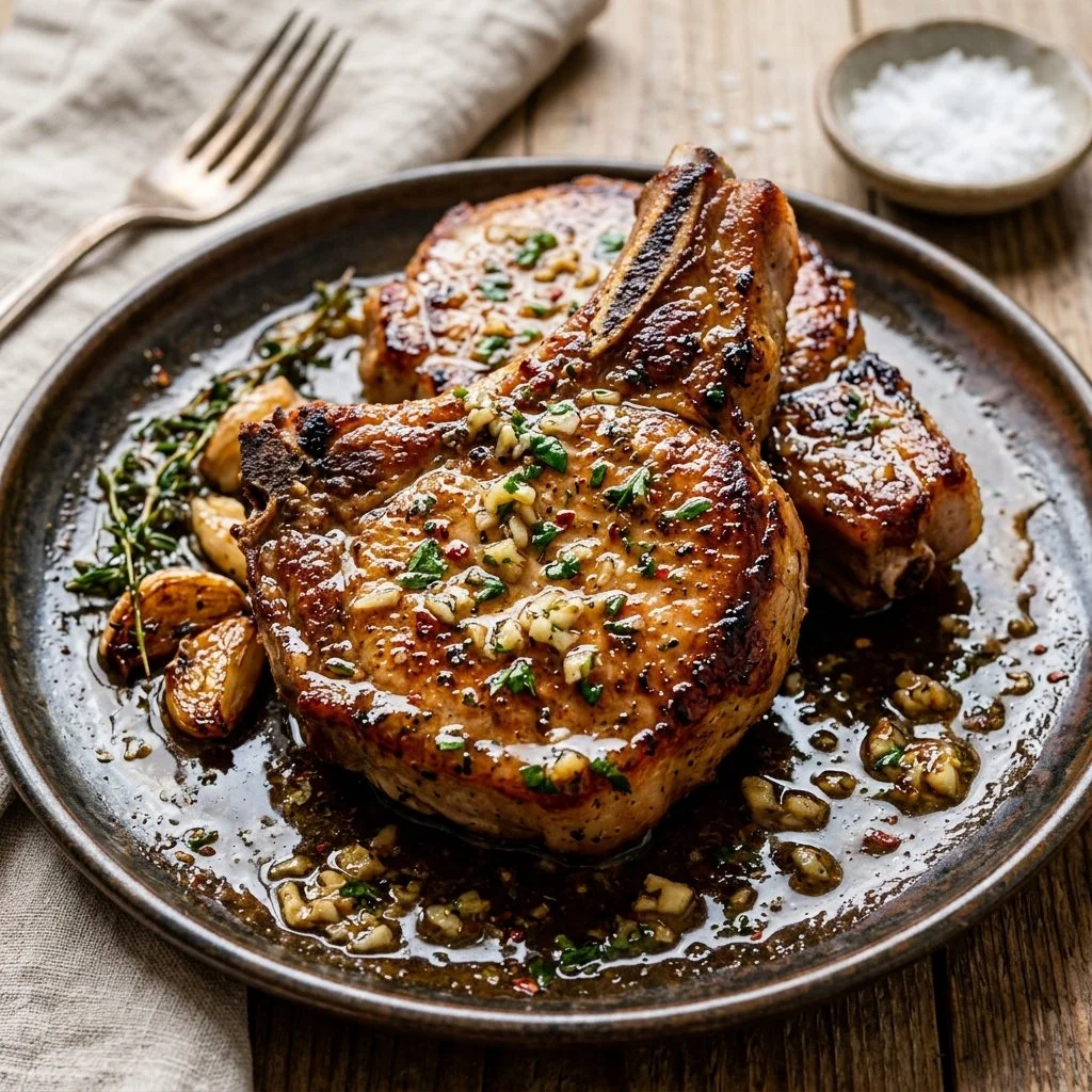 Juicy garlic butter pork chops served on a plate with herbs