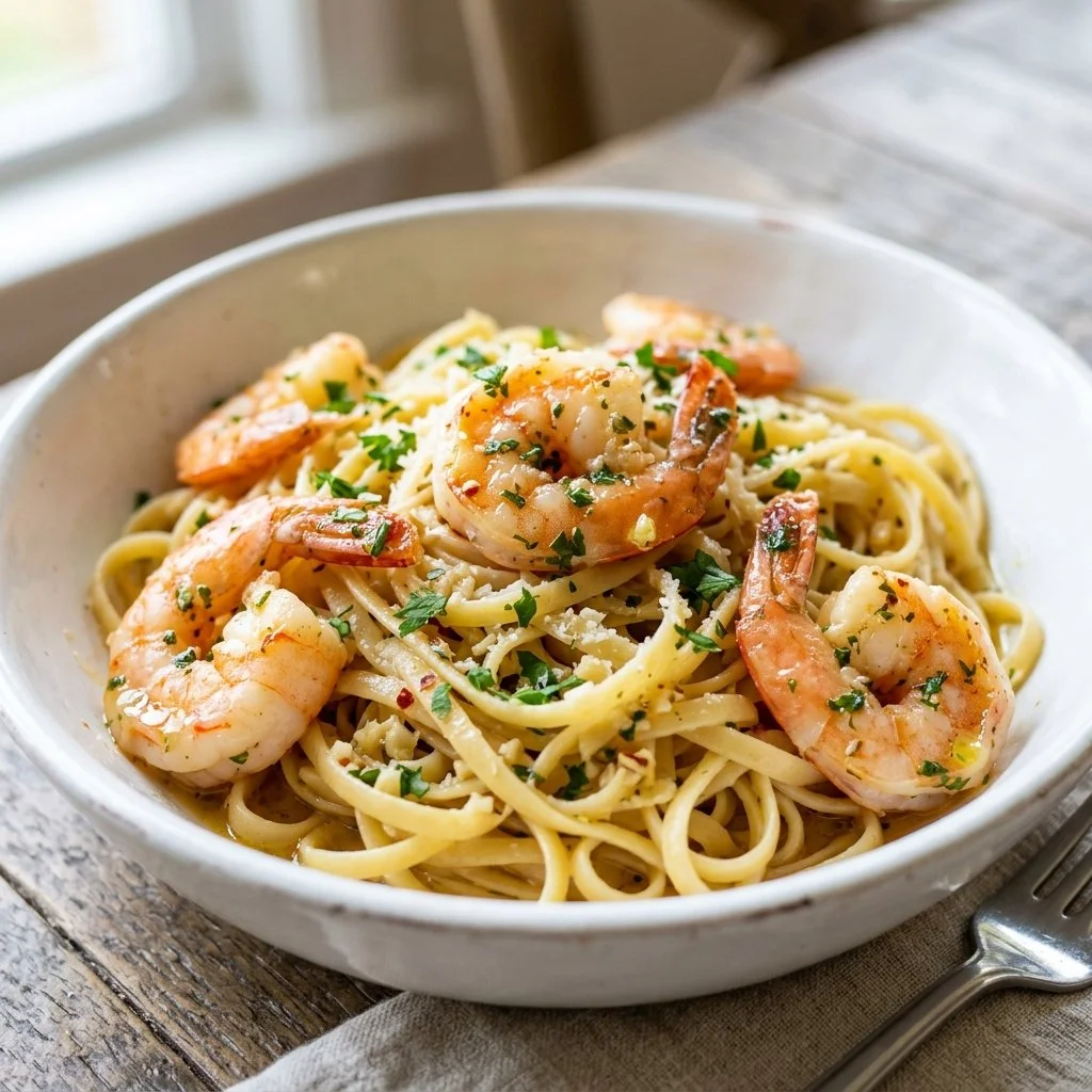 Delicious Garlic Butter Shrimp Pasta garnished with parsley and lemon slices