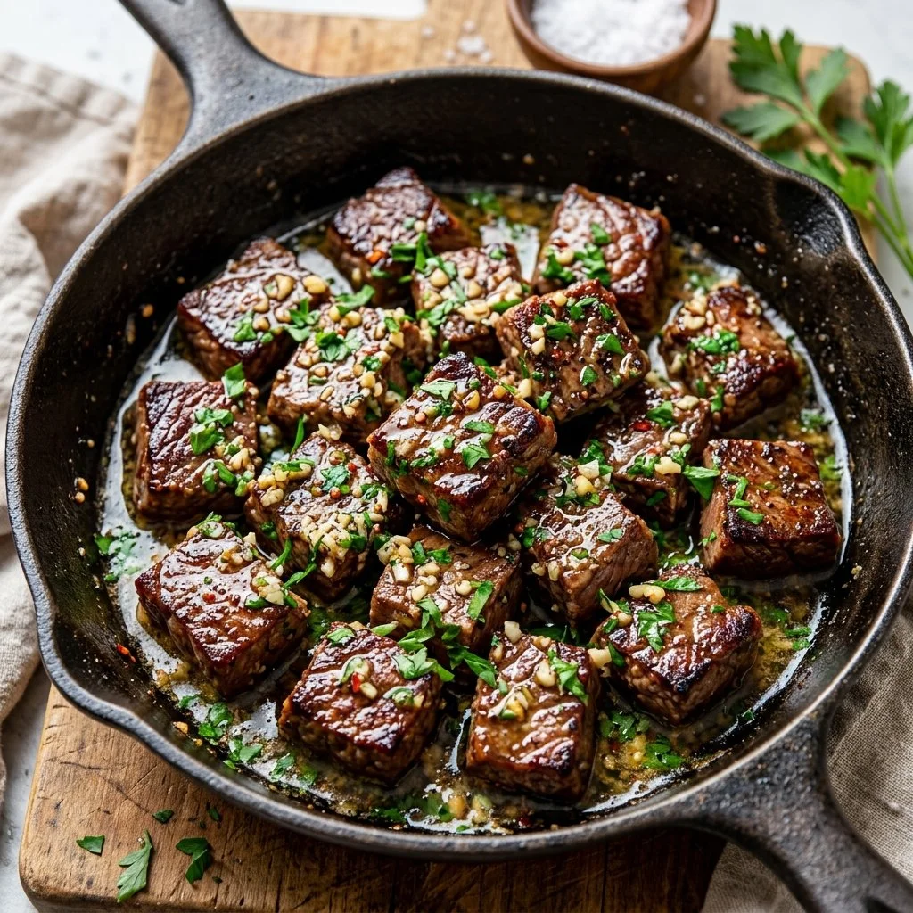 Delicious garlic butter steak bites served on a plate