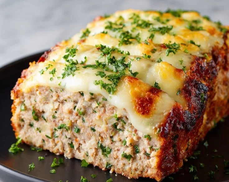 Delicious Garlic Parmesan Chicken Meatloaf served on a plate with herbs