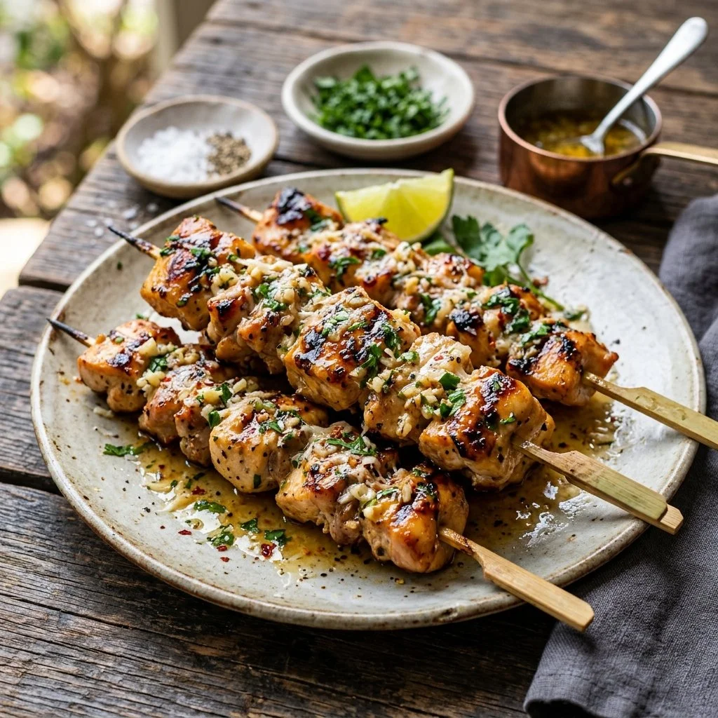 Garlic Parmesan Chicken Skewers on a grilling platter