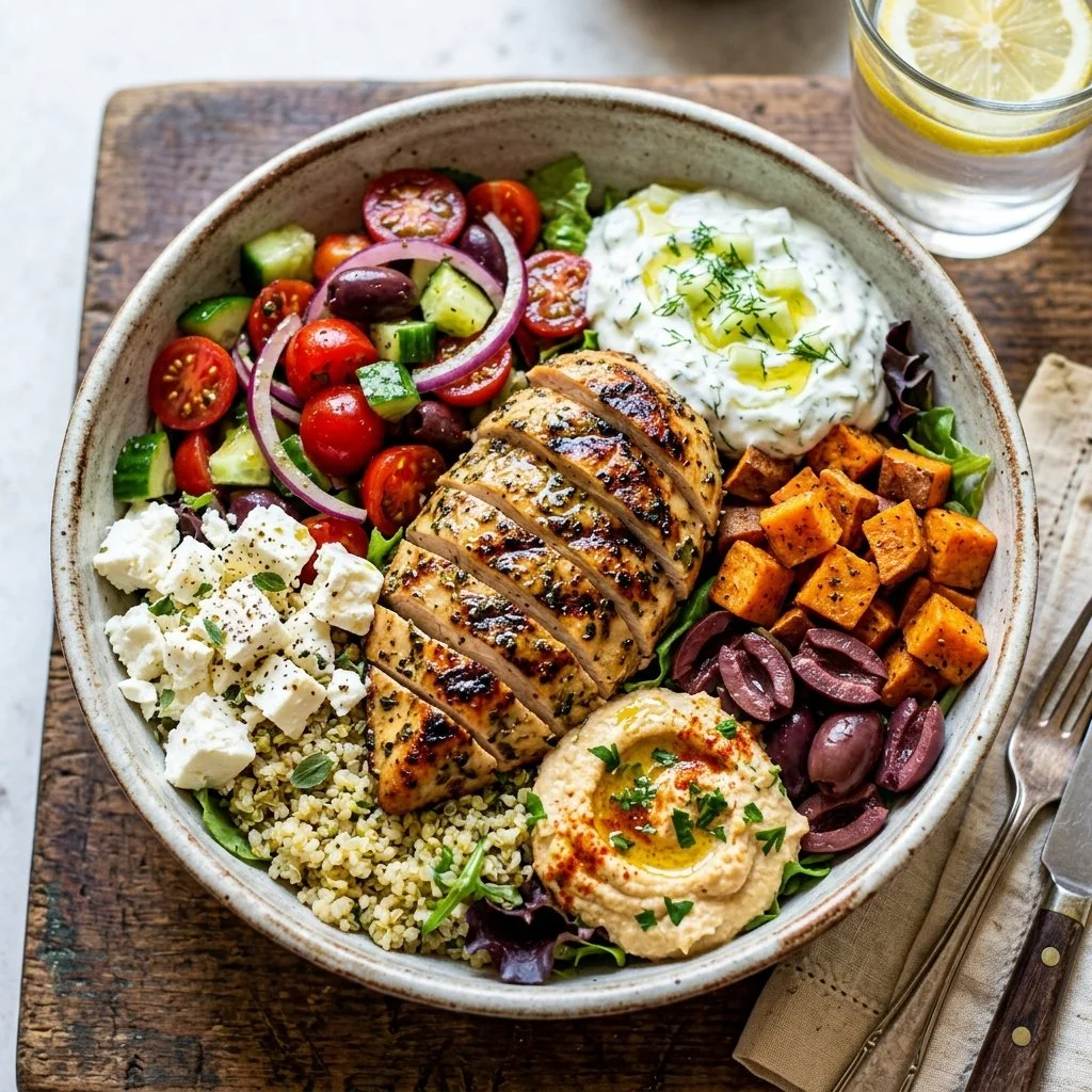 Flavorful Greek Chicken Bowls with fresh vegetables and zesty dressing