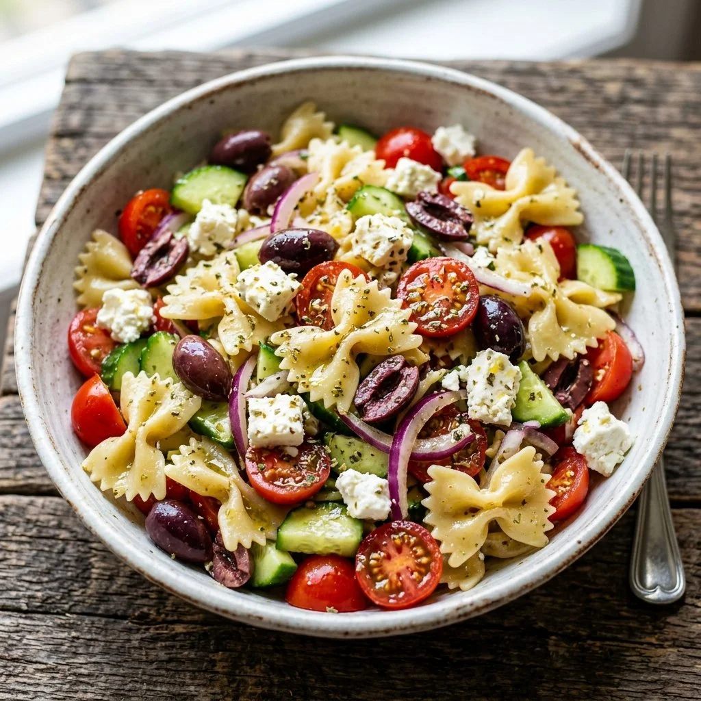Colorful Greek Pasta Salad with olives, feta, and fresh vegetables
