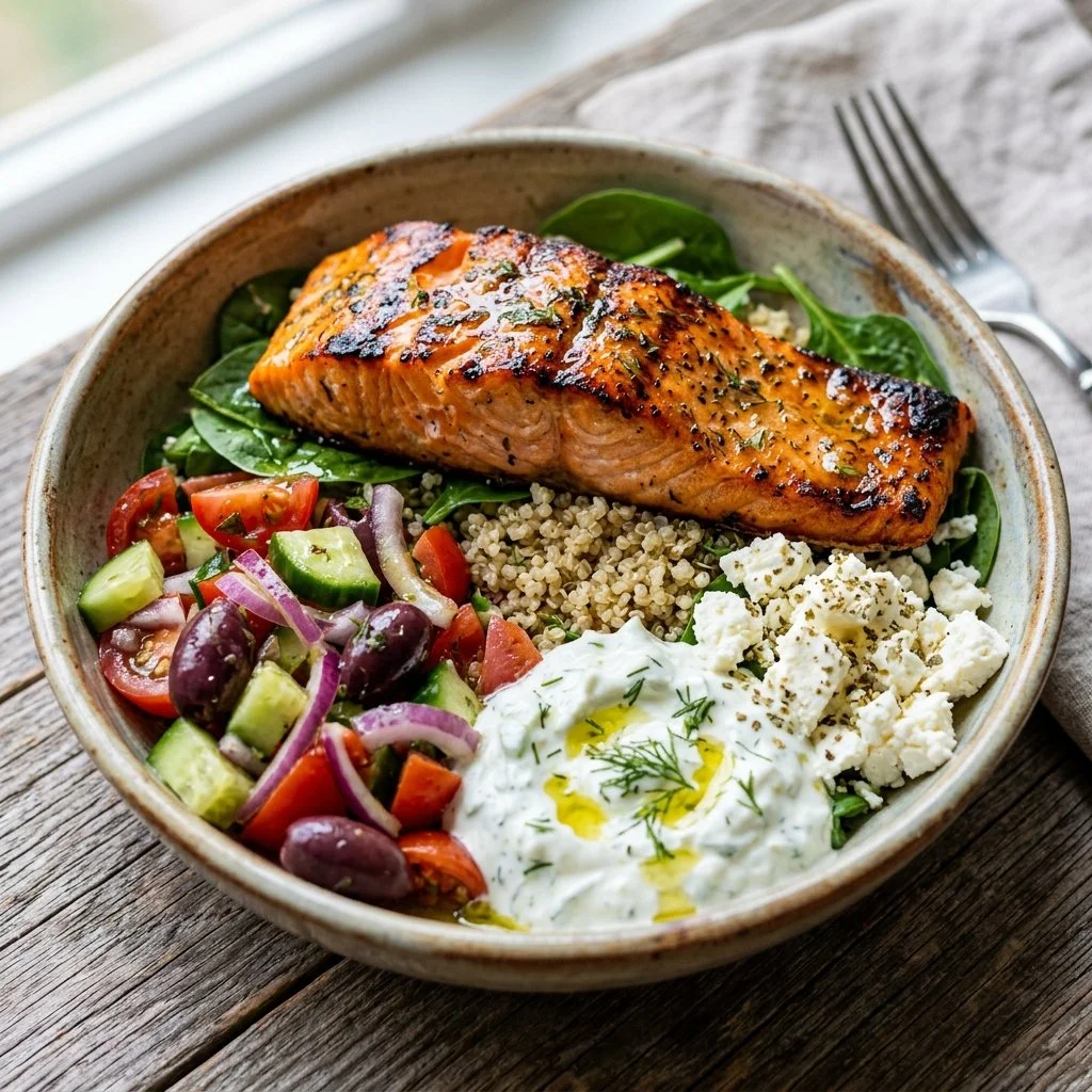 Healthy Greek Salmon Bowl with fresh vegetables and Mediterranean flavors