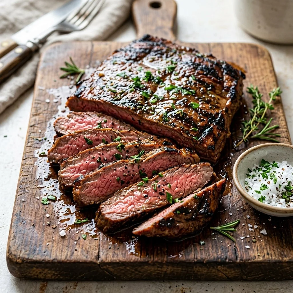 Juicy grilled flank steak served with fresh herbs and vegetables