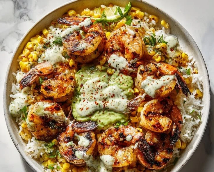 Delicious grilled shrimp bowl with avocado corn salsa for a healthy dinner