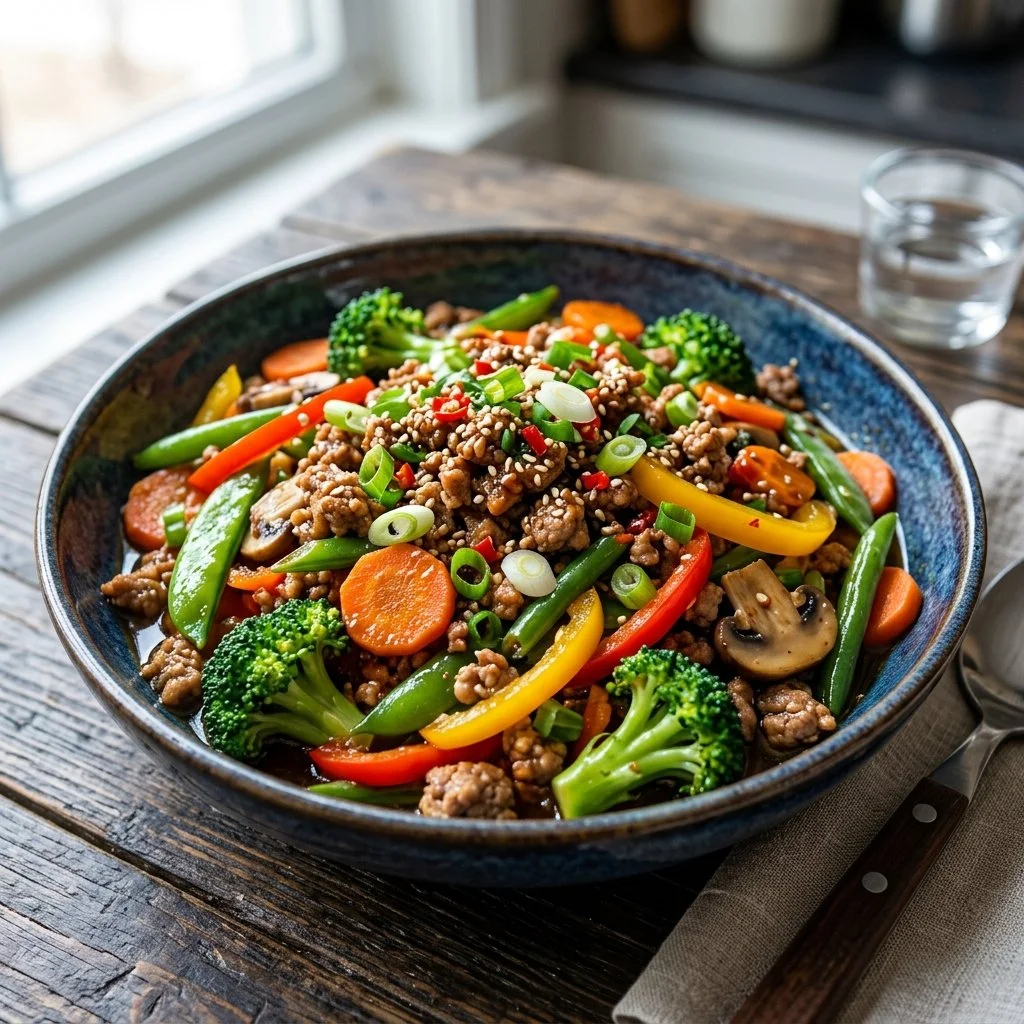 Healthy ground turkey stir fry with colorful vegetables in a skillet.