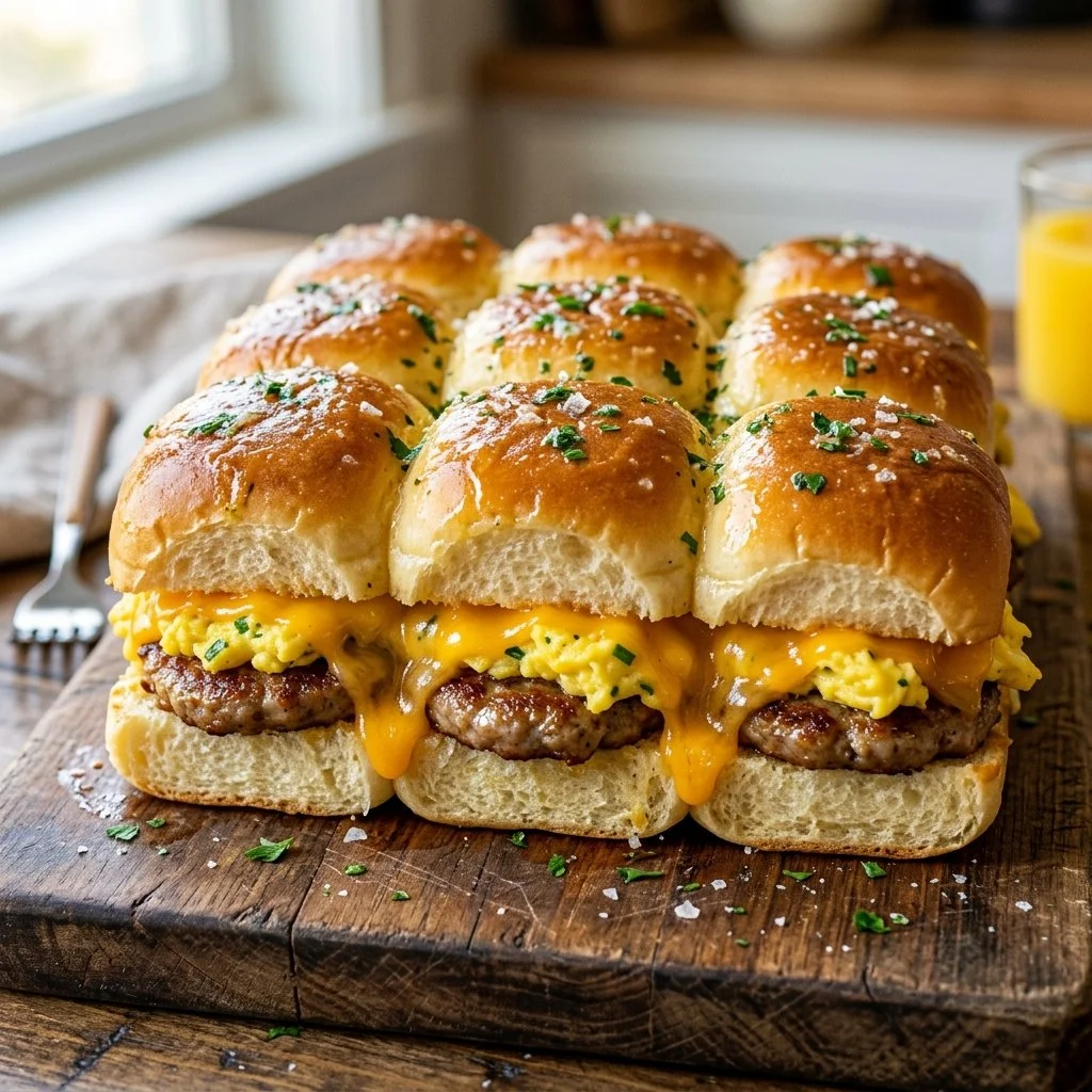 Delicious Hawaiian Roll Breakfast Sliders with eggs and bacon served on a platter.