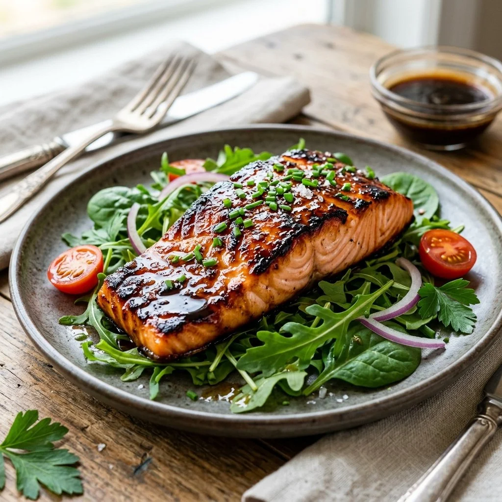 Delicious honey balsamic glazed salmon served on a plate with vegetables.