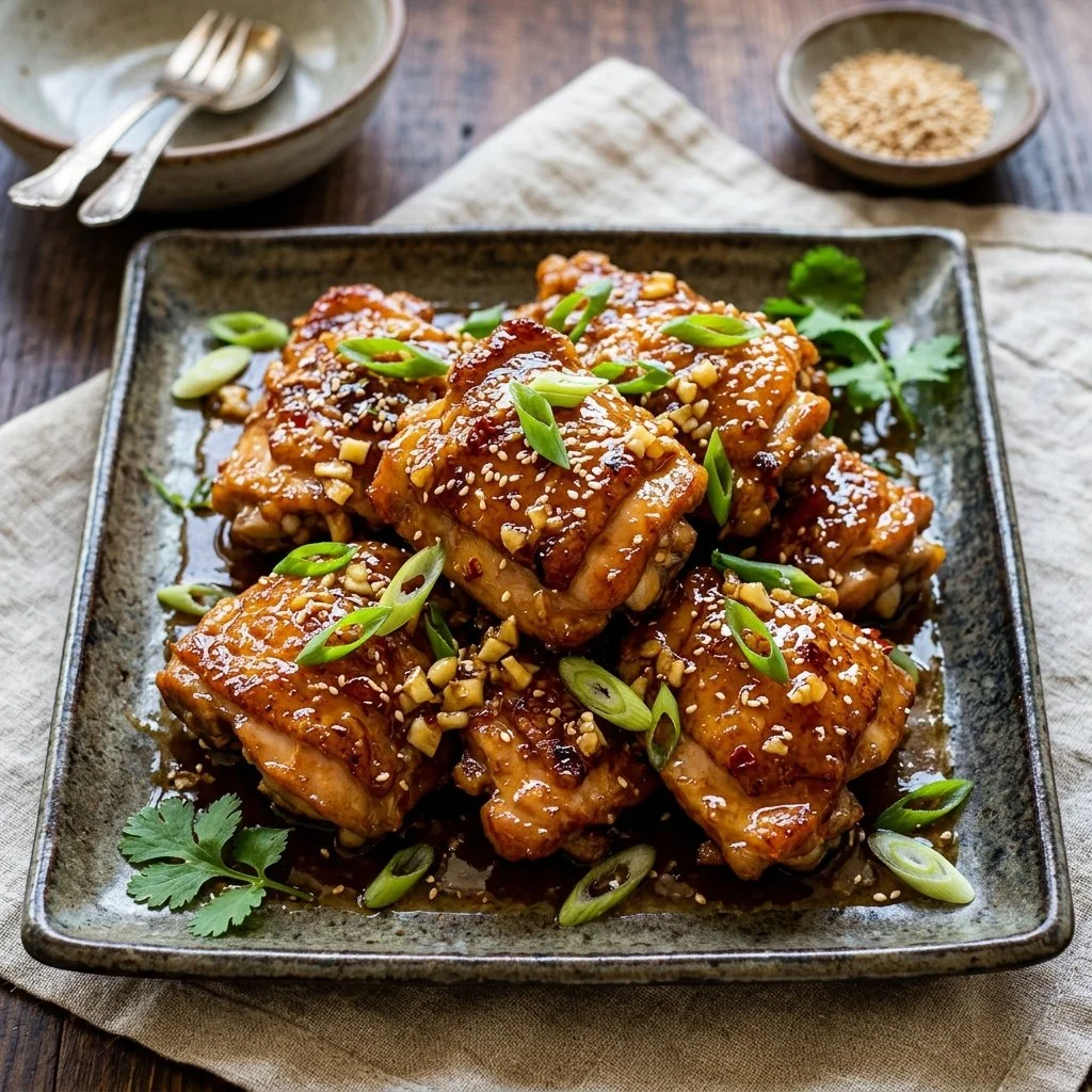 Delicious Honey Garlic Chicken served with vegetables on a plate.